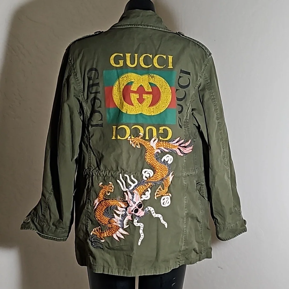 Gucci Dark Green Red Cargo GG Logo Orange Dragon Embroidered Jacket Coat Sz. 44 - Picture 1 of 10